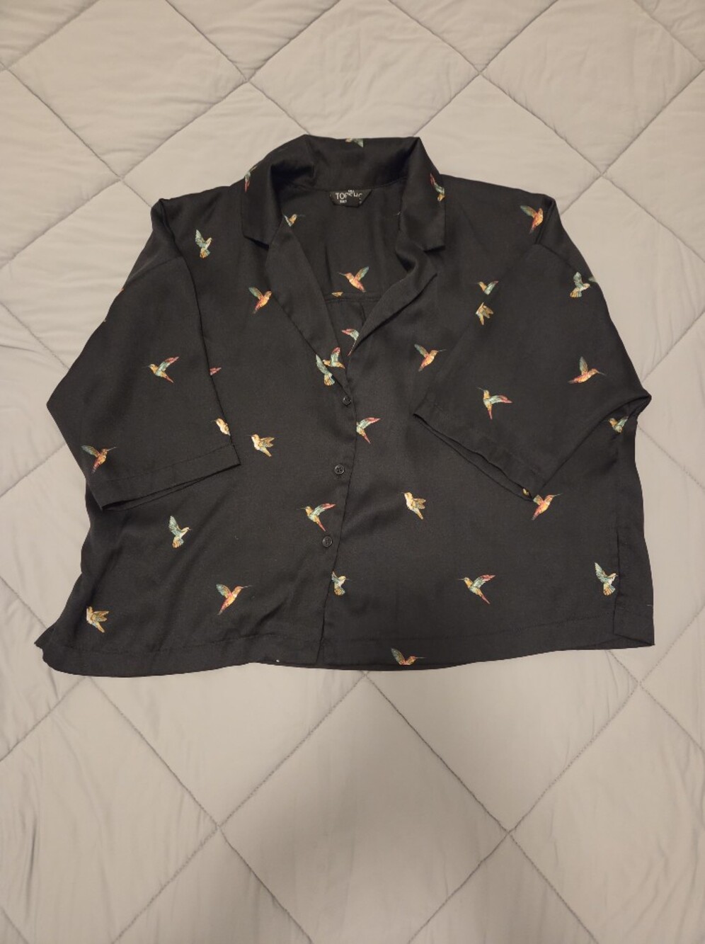 Topshop Black Button Down Cropped Short with Colorful Hummingbird Print